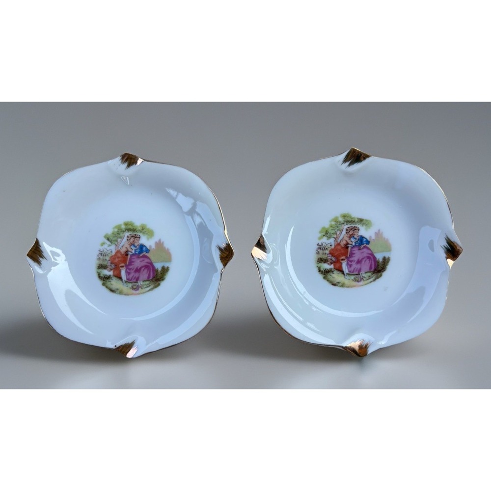 Vintage Japan Porcelain Trinket Dishes Courting Couple Gold Trim Vanity Set